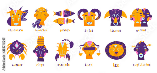Zodiac signs. Hand drawn trendy illustration. Flat design. Colored vector set. All elements are isolated