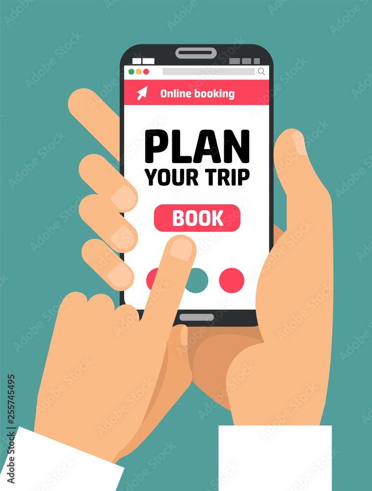 Man's Hand holding smartphone with book button on screen.Concept of online booking mobile application for renting accommodations. Plan a trip. Devices technology. .Flat cartoon vector illustration Man's Hand holding smartphone with book button on screen.Concept of online booking mobile application for renting accommodations. Plan a trip. Devices technology. .Flat cartoon vector illustration