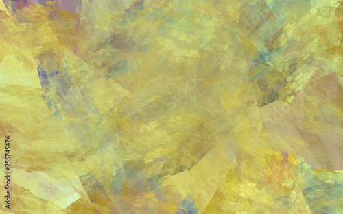 Abstract yellow background. Yellow, blue, purple and brown lines, shapes and spots intersect randomly in the frame.