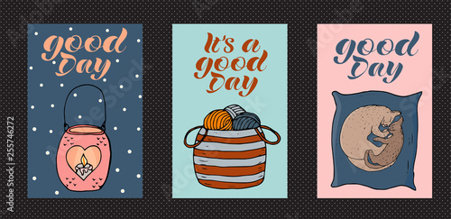 Cosy and cute vector set of cards. 