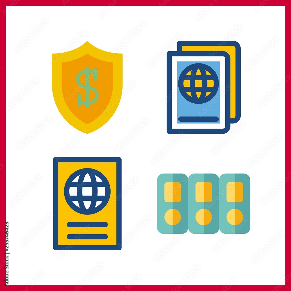 4 identity icon. Vector illustration identity set. shield and passport icons for identity works
