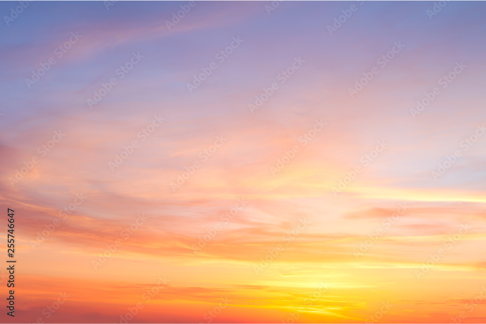 Real majestic sunrise sundown sky with gentle colorful clouds