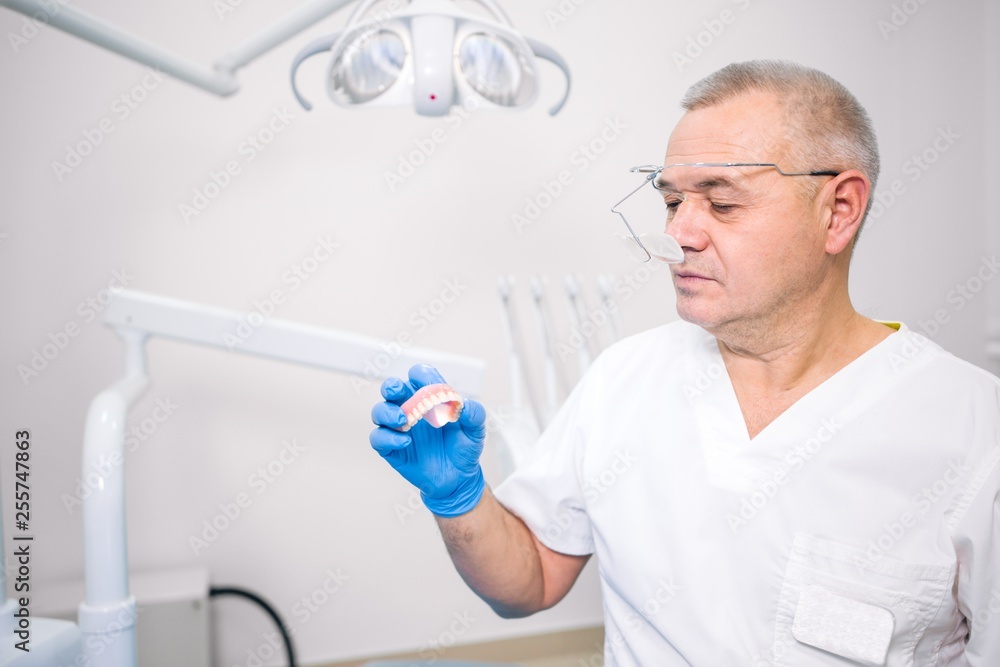 Adult gray-haired dentist therapist holds a denture in his hand Adult gray-haired dentist therapist holds a denture in his hand
