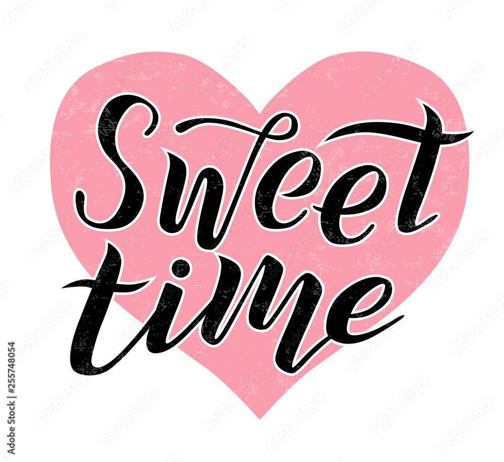 Sweet time black lettering text on white textured background with pink heart. Handmade brush calligraphy vector illustration. Sweet vector design for poster, logo, card, banner, postcard and print. Sweet time black lettering text on white textured background with pink heart. Handmade brush calligraphy vector illustration. Sweet vector design for poster, logo, card, banner, postcard and print.