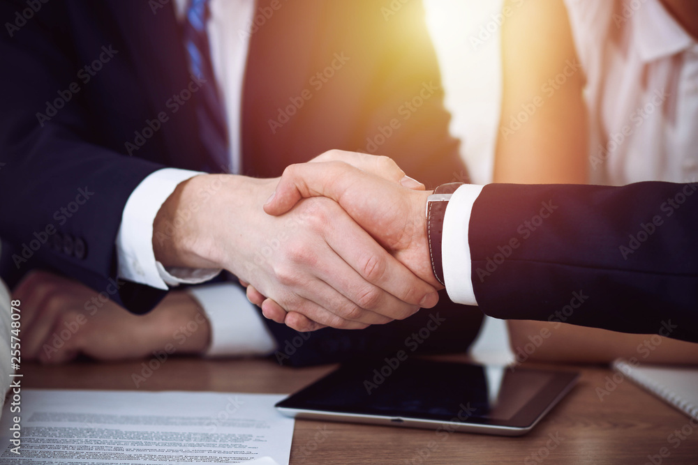 Business people shaking hands at meeting or negotiation in the office. Handshake concept. Partners are satisfied because signing contract Business people shaking hands at meeting or negotiation in the office. Handshake concept. Partners are satisfied because signing contract