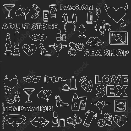 Vector set with sex shop icons. Erotic fetish games background.