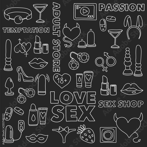Vector set with sex shop icons. Erotic fetish games background.