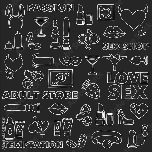 Vector set with sex shop icons. Erotic fetish games background.
