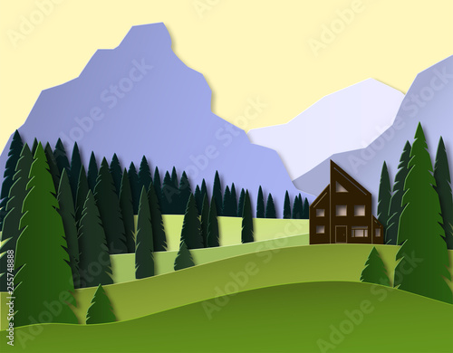 Autumn landscape with mountains, fir forest and house. 3d paper cut design. Layered Vector illustration