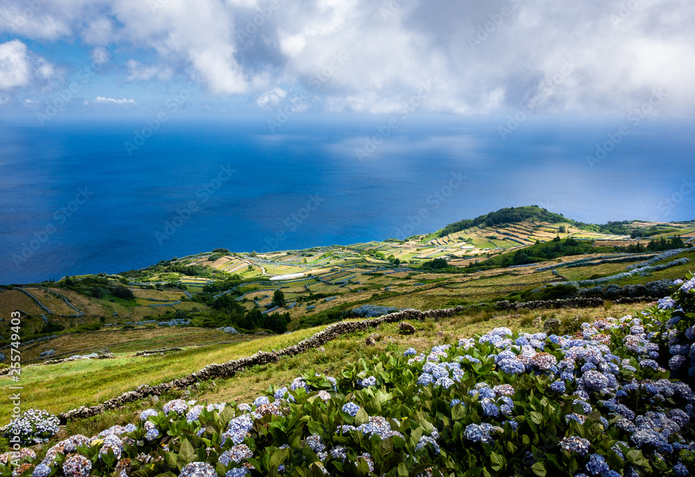 Portugal, the Azores. View on the eastside of Corvo island and the atlantic ocean.