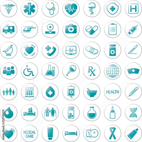 set of medical icons on circular blue colored thin line style buttons, vector, web design elements about medicine