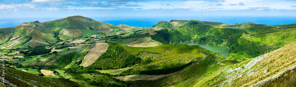 Azores: Panoramic shot of the landscape of the island of Flores, the Azores, Portugal. 