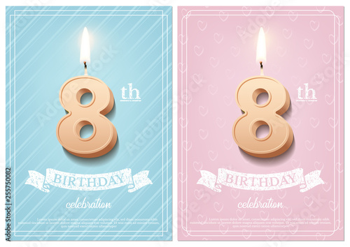 Burning number 8 birthday candle with vintage ribbon and birthday celebration text on textured blue and pink backgrounds in postcard format. Vector vertical eighth birthday invitation templates.