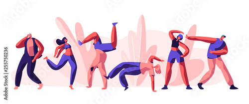 Disco Guy Freestyle Dancing Party. Youth People, Boy and Girl Active Motion Together. Activity Lifestyle for Cool Dance and Shape on Street Concert. Flat Cartoon Vector Illustration