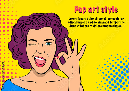 Template advertising poster in the style of pop art. Bright vector illustration of a beautiful girl. Pop art retro woman show gesture Ok and wink. 