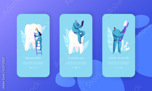 Healthy Clean White Teeth Mobile App Page Onboard Screen Set. Natural Smiles Complete Care Dental for Life. Dentist Consultation Website or Web Page. Flat Cartoon Vector Illustration