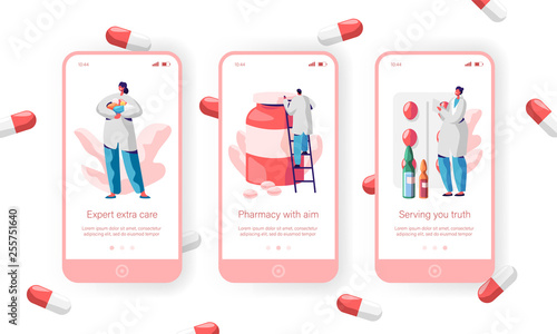 Pharmacy Store Sale Pills Mobile App Page Onboard Screen Set. Pharmacist Care about Health for Website or Web Page. Medical Drugstore Expert Medicament. Flat Cartoon Vector Illustration