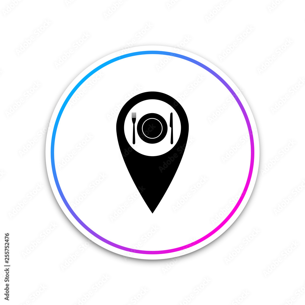 Map pointer with restaurant and cutlery, dish, fork, knife icon isolated on white background. Circle white button. Vector Illustration Map pointer with restaurant and cutlery, dish, fork, knife icon isolated on white background. Circle white button. Vector Illustration