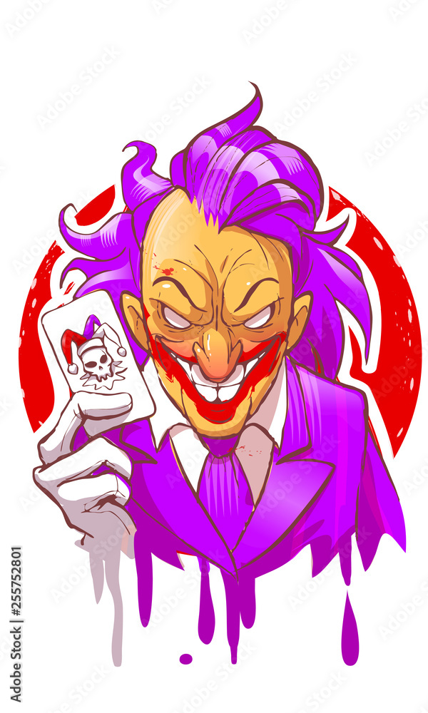 Cartoon joker character smiling holding play card violet suit hair white  gloves vector illustration Stock Vector | Adobe Stock