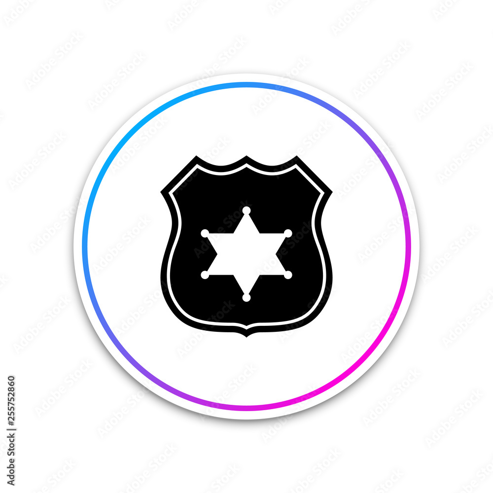 Police badge icon isolated on white background. Circle white button. Vector Illustration