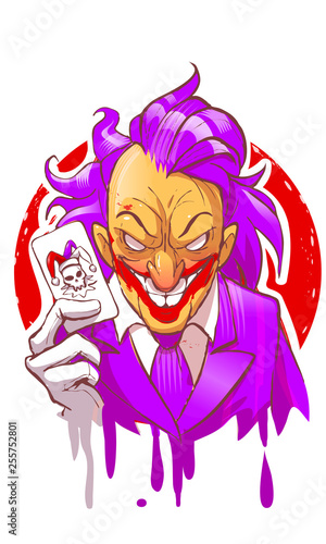 Cartoon joker character smiling holding play card violet suit hair white gloves vector illustration