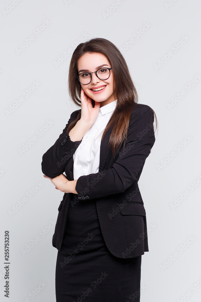 Portrait of beautiful dreaming employee stay on white background. Portrait of beautiful dreaming employee stay on white background.