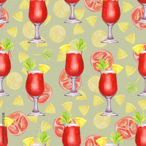 Hand drawn watercolor blood Mary cocktail seamless pattern on grey background