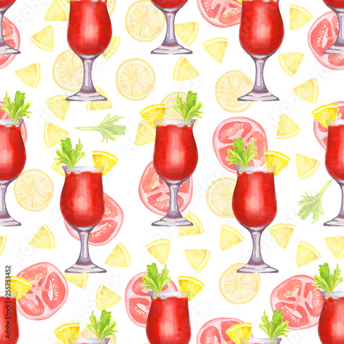 Hand drawn watercolor blood Mary cocktail seamless pattern on lemons and tomatoes 