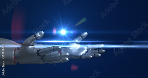 Humanoid robot arms generating power. Technology related 3D Render.