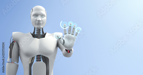 Futuristic advanced humanoid robot controlling computer. Technology related 3D Render.