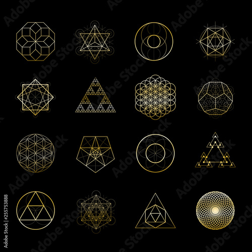 Sacred geometry golden vector design elements collection. Alchemy, religion, philosophy, spirituality, hipster symbols.