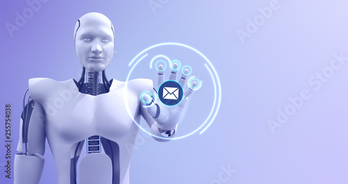 Futuristic humanoid robot showing email symbol. Technology related 3D Render.