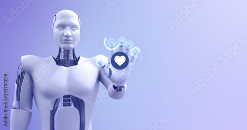 Futuristic humanoid robot showing heart symbol. Technology related 3D Render.