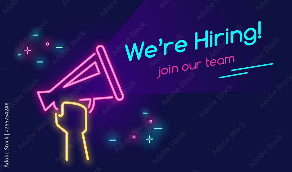 Megaphone shouting out we are hiring and join our team. - obrazy, fototapety, plakaty 
