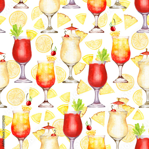 Hand drawn watercolor red and yellow cocktail seamless pattern on fruits