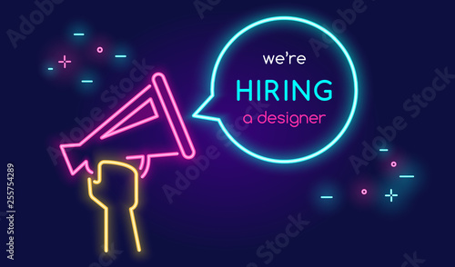 Megaphone shouting out with bubble speech we are hiring a designer