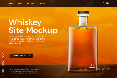 Vector realistic 3d glass whiskey bottle on bright modern site template with typographic background. Mock-up for product package branding.