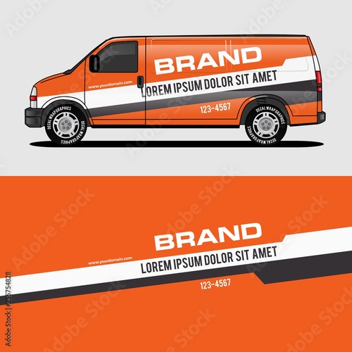 car livery orange van wrap design wrapping sticker and decal design for corporate company branding vector