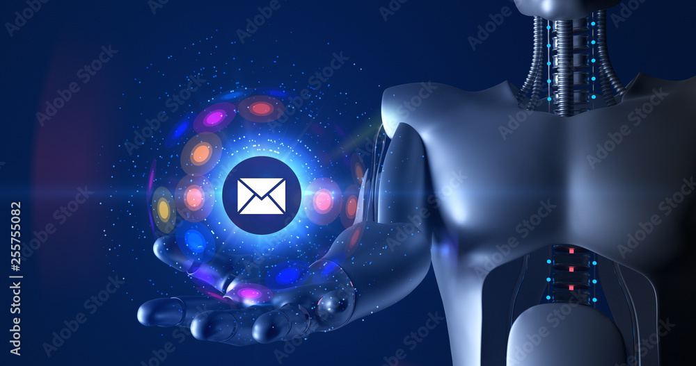 Fototapeta premium Futuristic humanoid robot holding 3d email symbol. Technology related 3D Render.