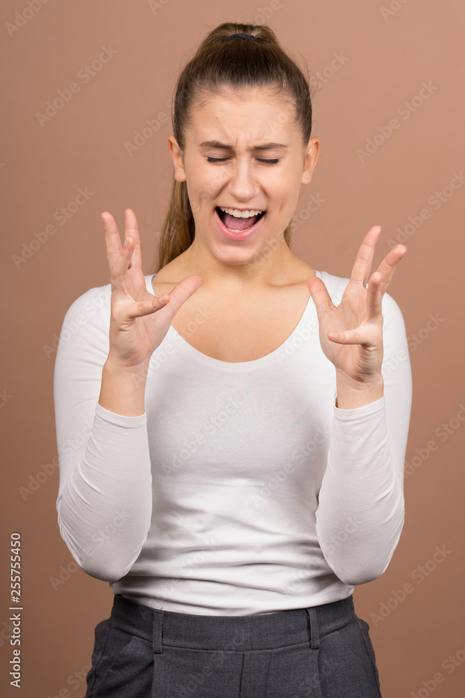 Girl with emotions sad anger mad scream Girl with emotions sad anger mad scream
