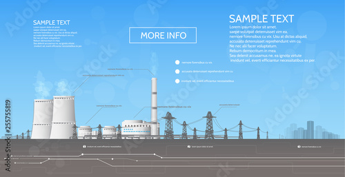 Nuclear power plant, with electric pylons, power supply to the city, infographics.
