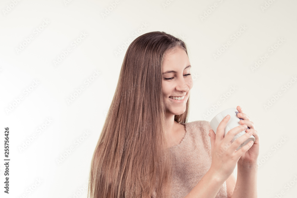 girl with a cup of tea and coffee girl with a cup of tea and coffee