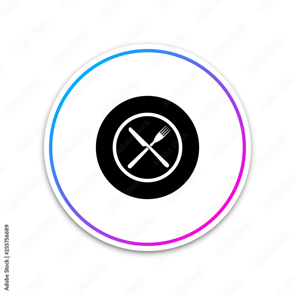 Crossed fork and knife on plate icon isolated on white background. Restaurant symbol. Circle white button. Vector Illustration Crossed fork and knife on plate icon isolated on white background. Restaurant symbol. Circle white button. Vector Illustration