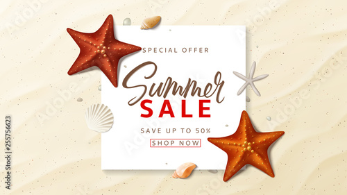 Summer sale advertisement vector banner. Summer background with top view on realistic seashells and starfishes on sea beach. Vector illustration with special discount offer.