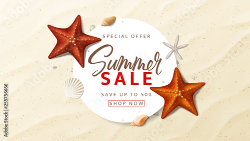 Summer sale advertisement vector background. Summer banner with top view on realistic seashells and starfishes on sea beach. Vector illustration with special discount offer.
