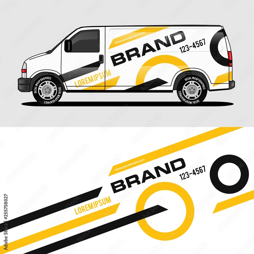 car livery yellow van wrap design wrapping sticker and decal design for  corporate company branding vector Stock Vector | Adobe Stock