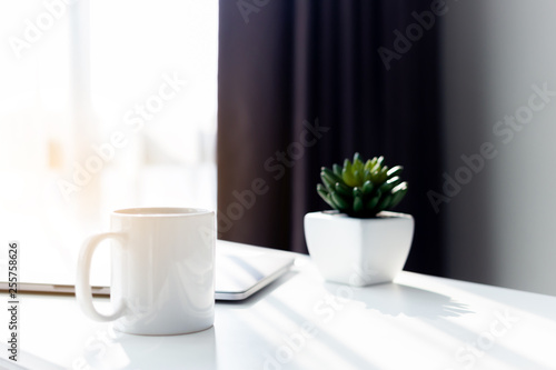 Business workspace with laptop on white table in the morning sun light  Coffee cup in the working time