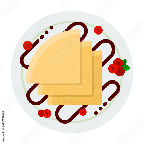 Pancakes with chocolate topping and berries vector icon flat isolated