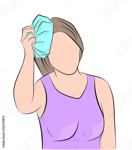 headache in a woman. adjusts cold to the head. vector illustration.