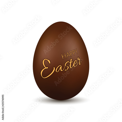 Easter egg 3d. Chocolate brown egg Happy Easter text Isolated white background. Traditional sweet candy dessert, decoration Happy Easter celebration. Design element spring holiday. Vector illustration